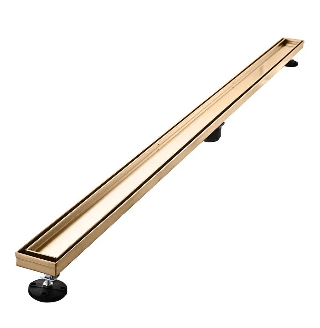 Linear Shower Floor Drain, Brushed Gold 60 Inch 304 Stainless Steel Bathroom Drains Kit, Rectangular Shower Trench Drain with Reversable Tile-in Pattern Drain Cover & Hair Catcher