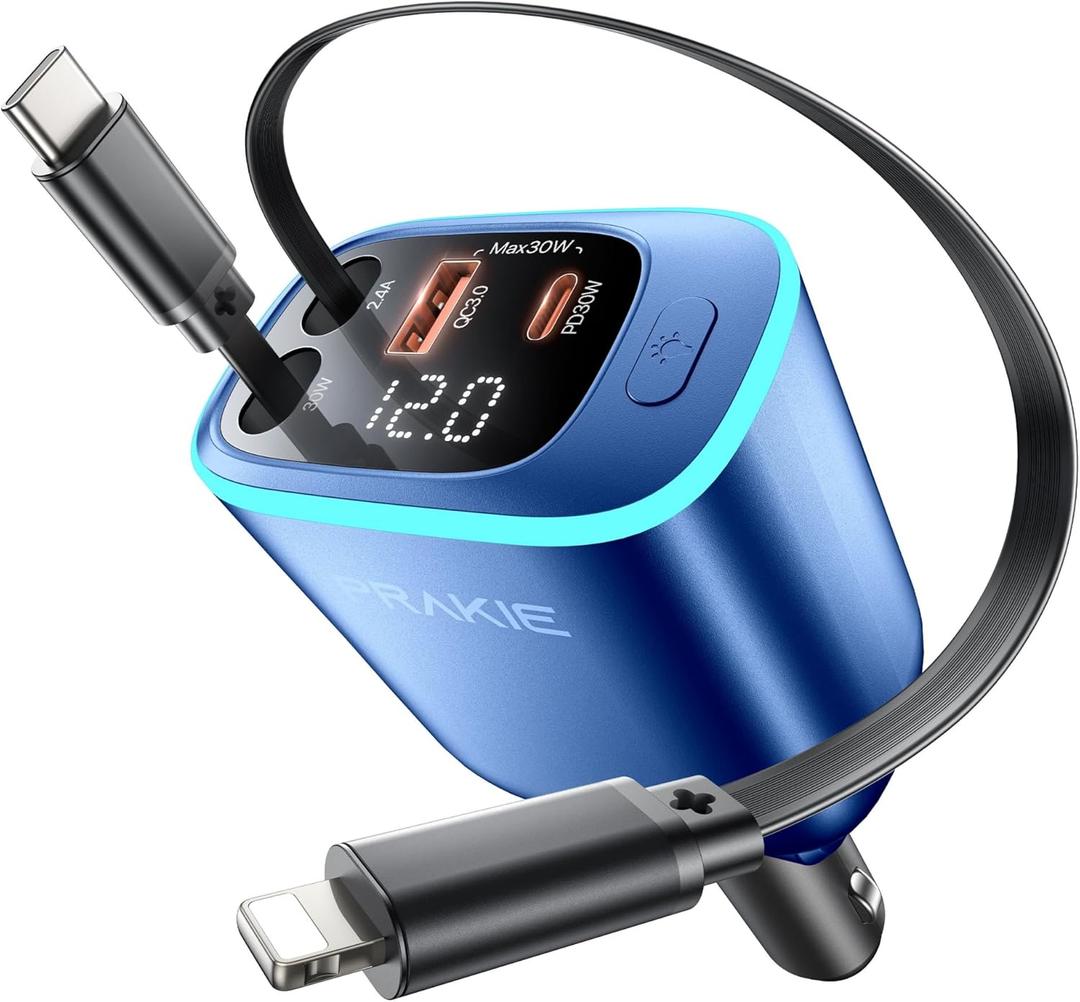 Car Charger, iPhone Fast USB C Phone Car Charger, Cigarette Lighter Adapter with 2 Cables 25 Inch and 2 USB Ports, Retractable 4 in 1Multi Port USB Car Charging for iPhone 17/16/15/14/13/Pro Max-Blue