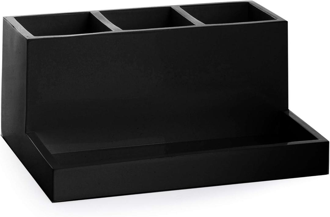BINO Multi Purpose 3 Compartment Organizer with Tray - Makeup Brush Holder and Toothbrush Holder - Marble Bathroom Accessories (Matte Black)