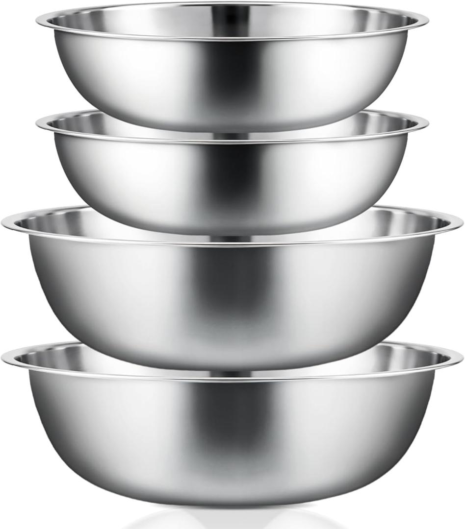 Stainless Steel Mixing Bowls Set - 4-Piece Polished Mirror Nesting Bowls 2 Pcs 8-Quart and 2 Pcs 16-Quart Flat Base Ideal for Kitchen, Cooking, Baking and Storage, Shallow