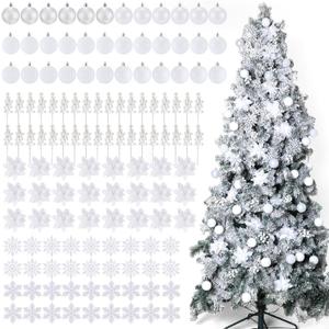 Ceenna 132 Pcs Christmas Tree Ornaments Set Glitter Poinsettia Flowers 2.36 inch Christmas Balls Snowflakes Decorations Artificial Berry Picks for Xmas Tree Wreath, Hooks Included(White)