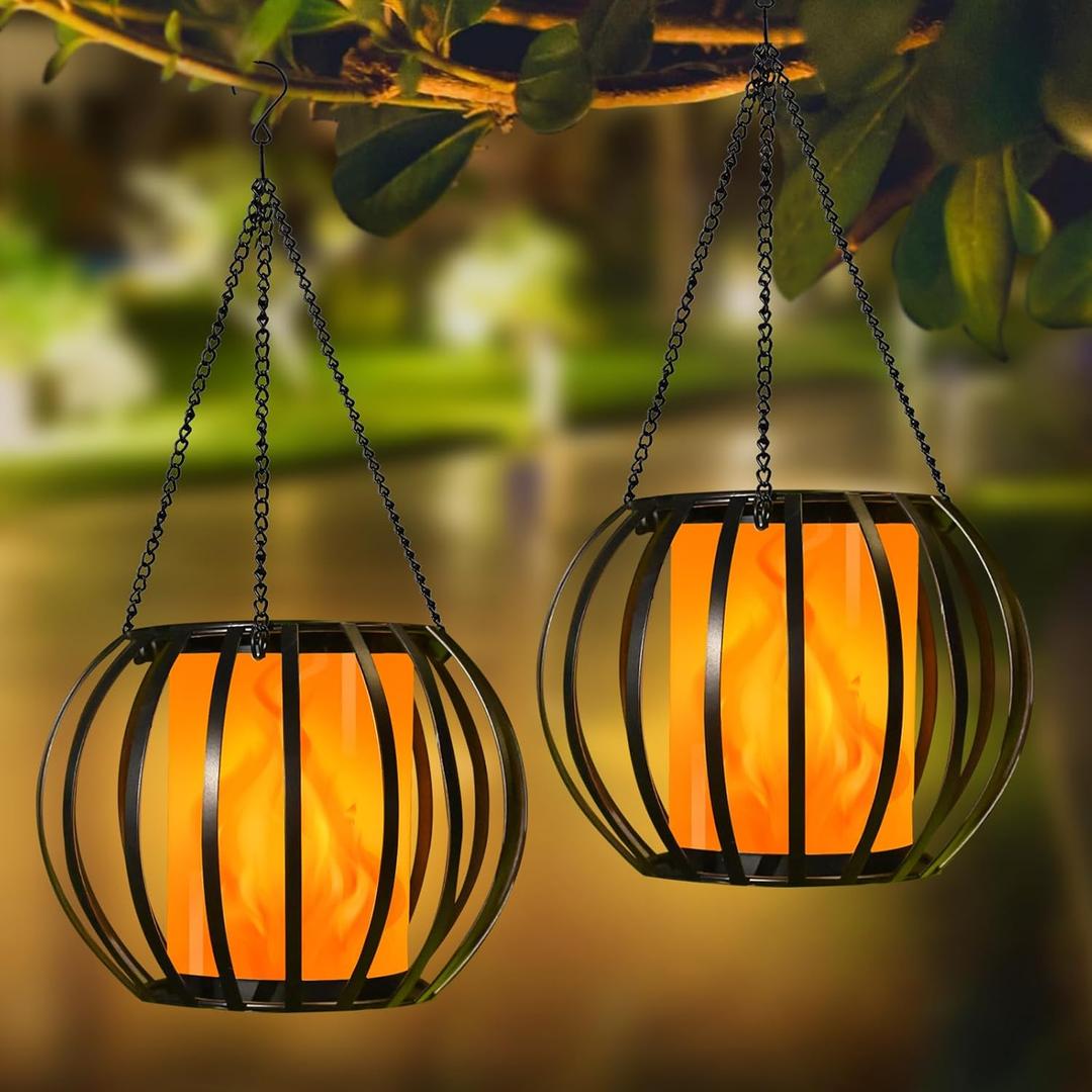 2 Pack 15" Solar Lantern Lights Outdoor,Auto On/Off Metal Solar Flickering Flame Lanterns Outdoor Waterproof Hanging Lights Outside Lanterns Decorative for Garden Yard Patio