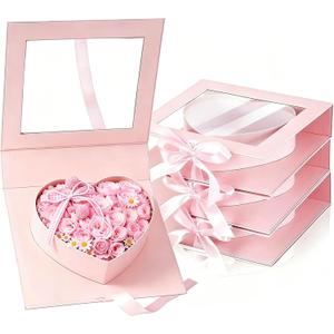 FYSUIMU 4Pcs Mother' s Day Heart Shaped Flower Gift Box Treat Fillable Gift Pink 3D Floral Paper Packaging Box with Window Lids and Ribbon for Wedding Birthday Party Love Favors Supplies
