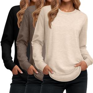 Ficerd 3 Pack Women's Long Sleeve Shirts, Cotton Crew Neck Tunic Tops Casual Loose Fit Pullover Sweatshirts Curved Hem Shirts (Large, Black, Brown, Apricot)