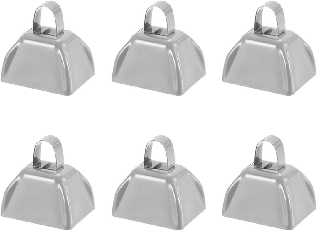 3inch Cowbells Noise Makers, 6Pcs Metal Cow Bells with Handle, Small Loud Bell Bulk Hand Percussion for Sporting Events, Football Games,Party, Concert, Graduations, Farm Ranch, Silver