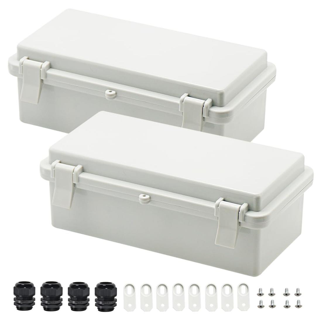 2 x Zulkit 2pcs Junction Box ABS Plastic Dustproof Waterproof IP65 Electrical Boxes Hinged Shell Outdoor Universal Project Enclosure with 2 Cable Glands 7.9 x 3.9 x 2.8 inch (200x100x70mm)
