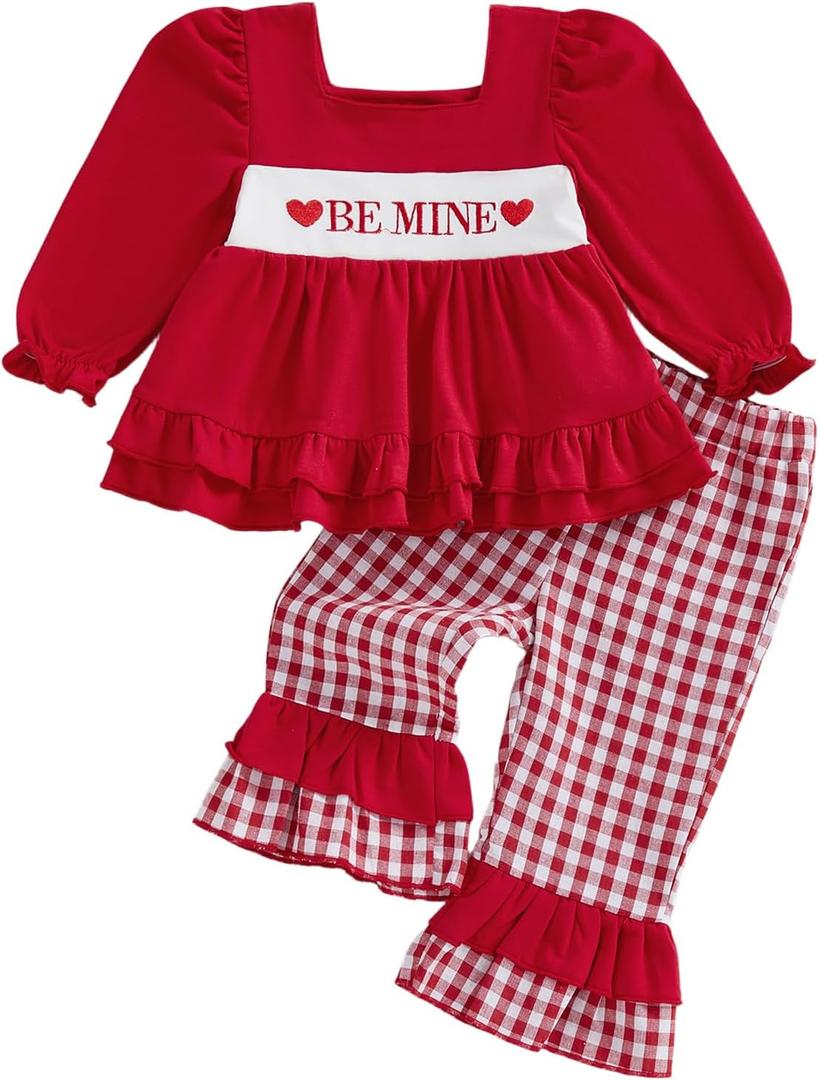 VISGOGO Toddler Girl Valentines Day Outfit Love Heart Embroidery Sweatshirt Shirt Pants Plaid Bow Heart Clothes (2-3T, Be Mine Red)