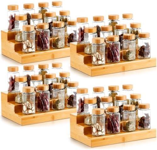 Colingmill 4 Pcs Bamboo Spice Rack Organizer for Cabinet 3 Tier Step Rack Spice Rack for Cabinet, Kitchen Can, Pantry, Cupboard, Bathroom Washroom Countertop Cosmetics Storage, 12 x 7.7 x 4.14 Inch