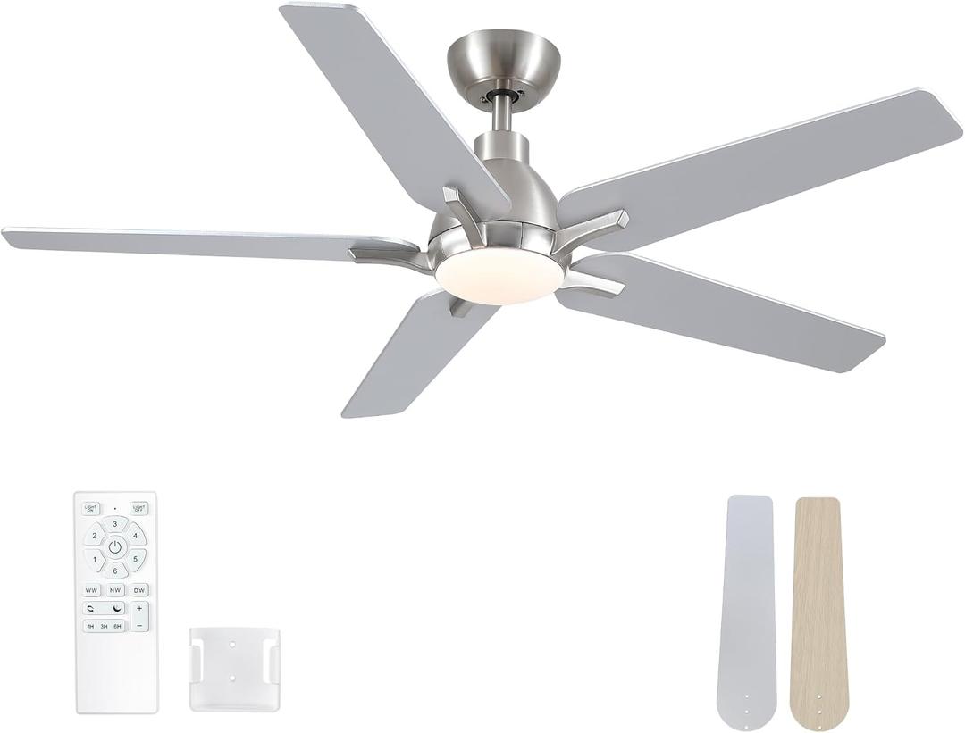 52 Inch Ceiling Fans with Lights and Remote, Brushed Nickel Modern Ceiling Fan for Bedroom, Living Room, Dining room, Patio, 3CCT Dimmable 6 Speeds DC Quiet Reversible