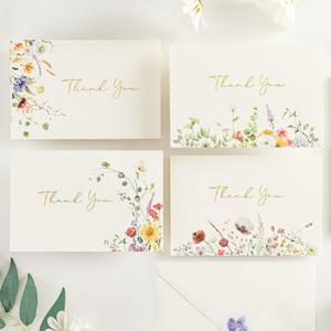 Crisky Thank You Cards 4 Assortment, Gold Foil Watercolor WildFlowers (50 Cards with Envelopes for Birthday, Baby Shower, Bridal Shower, Wedding, All Occasion) (50 PCS)