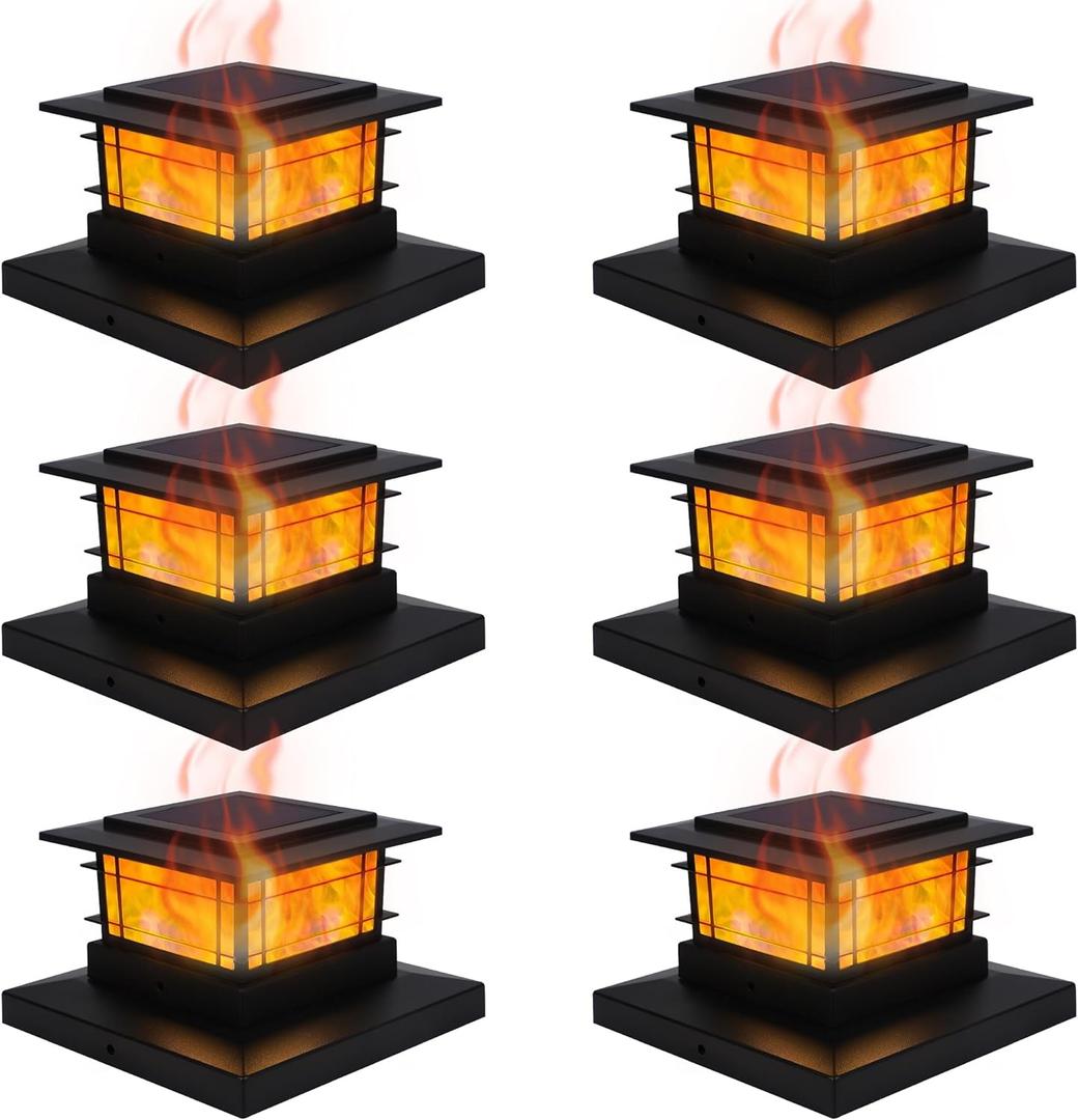 Dynaming 6 Pack Solar Post Cap Lights Outdoor with Flickering Flame Light, Fence Post Solar Lights Fit for 4x4 5x5 6x6 Vinyl/Wooden Posts, High Brightness SMD LED Lighting Decor for Garden Deck Patio (Black)