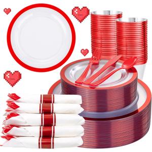 Liacere 350PCS Clear and Red Plastic New Year Plates and Napkins for 50Guests Plastic Dinnerware Set:100 Red Disposable Plates 50 Pre Rolled Napkins with Cutlery,50 Cups for Party, Christmas