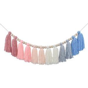 DrCor Pink & Blue Boho Tassel Garland  Preppy Coastal Yarn Wall Hanging with Wooden Beads for Nursery, Kids Room, Baby Shower, Gender Reveal Party, Birthday Backdrop or Coastal Home Decor