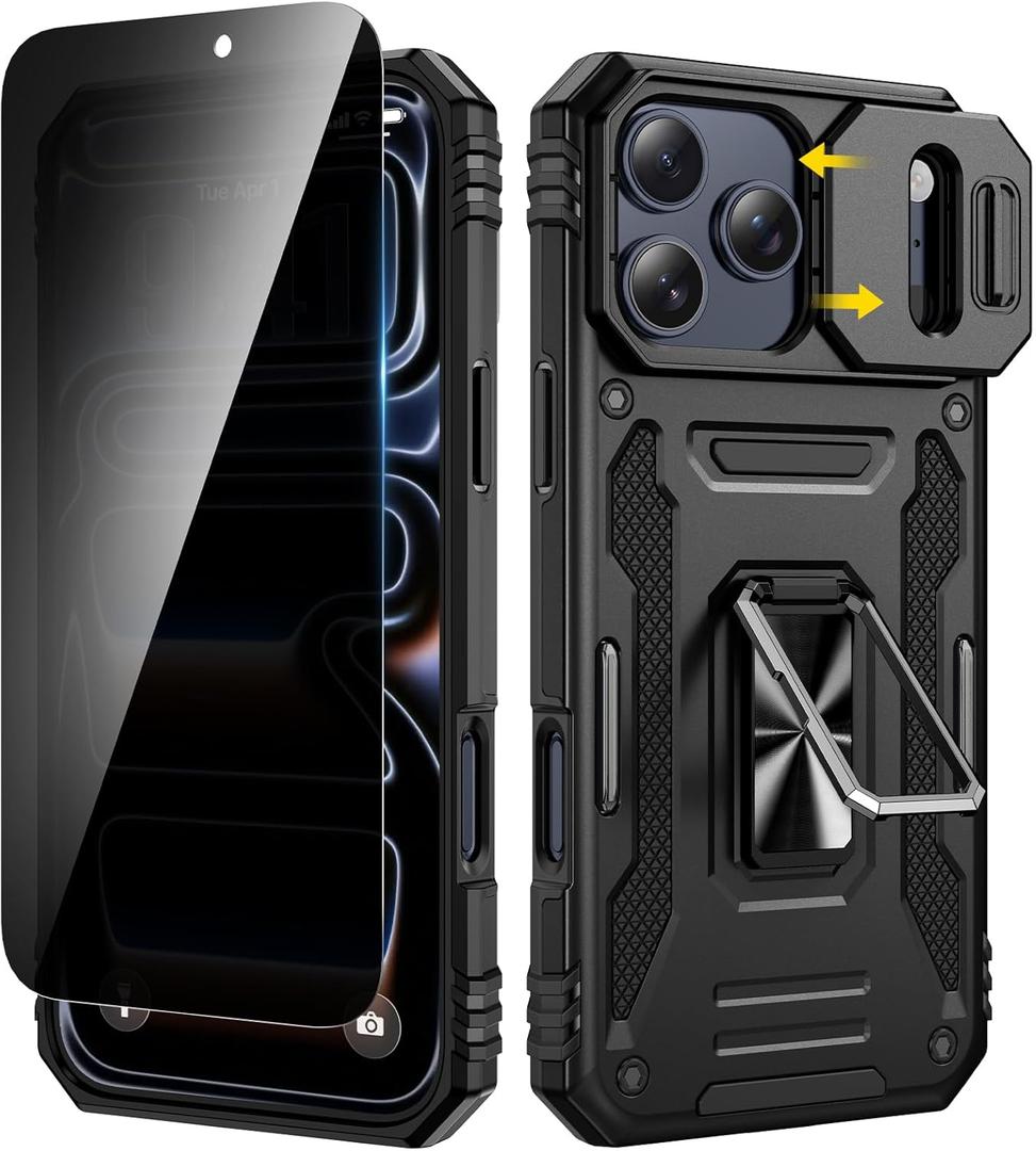 VEGO for iPhone 17 Pro Max Case, with Slide Camera Cover & Privacy Tempered Glass Screen Protector & Ring Kickstand Military Grade Heavy Duty Protection Cover for iPhone 17 ProMax - Black