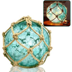 5.5" Green Glass Fishing Float Night Light, Cracked Glass Ball, Battery Powered Nautical Coastal Decor Beach Bathroom Decor (Green)