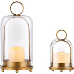 6" & 4" Wide Versatile Modern Metal Hurricane Lantern with Handmade Sturdy Glass Dome in Vintage Brass for Pillar Candle & Plants, Industrial, Farmhouse, Shabby Chic (Brass, 4"x7.5" &6.3"x11.2")
