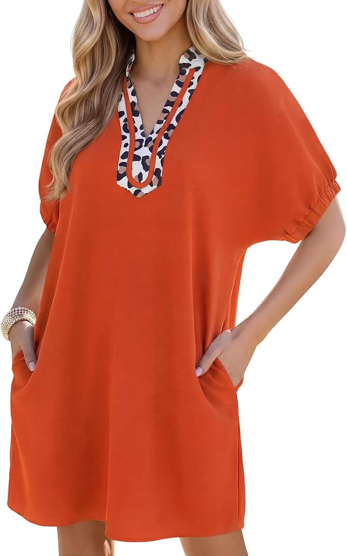 Wenrine Women Summer Shirt Dress Short Batwing Sleeve V Neck Leopard Loose Beach Cover Up Shift Tunic Short Mini Dresses