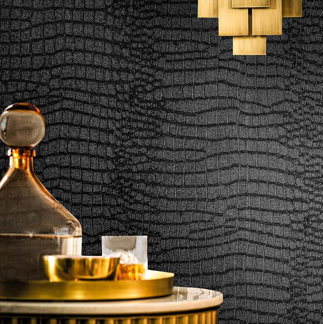 Fititem Black Peel and Stick Wallpaper 630inL 17.3inW Black Contact Paper for Cabinets Removable Textured Modern Crocodile Self Adhesive Wallpaper for Bedroom Bathroom Waterproof Leather Contact Paper