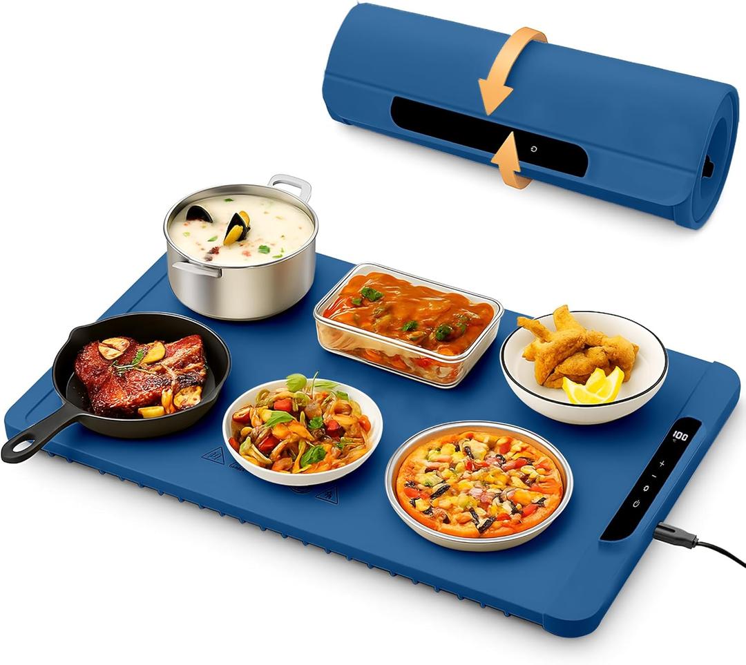 Electric Warming Tray for Food-Versatile Food Warming Mat for Parties- 3 Temperature Settings-Rollable & Portable,Premium Silicone Nano-Material with Auto Shut-Off - Heating Mat for Gatherings (Blue)