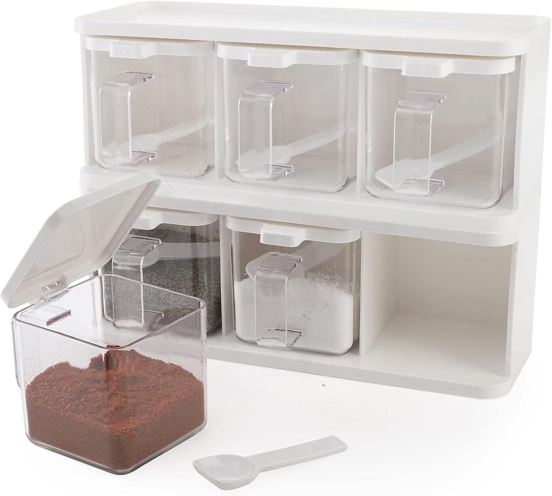 Hedume 2 Pack 3 Grids Clear Seasoning Box with Handle and Spoon, Seasoning Storage Container Rack Combo Set with Removable Cruet Jars for Spice Salt Sugar