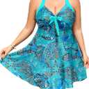 Women's Plus Size Swimsuit Cutout Swim Dress Tie Knot One Piece Tummy Control Bathing Suits Modest V Neck Swimwear, Starfish Blue, 18Plush