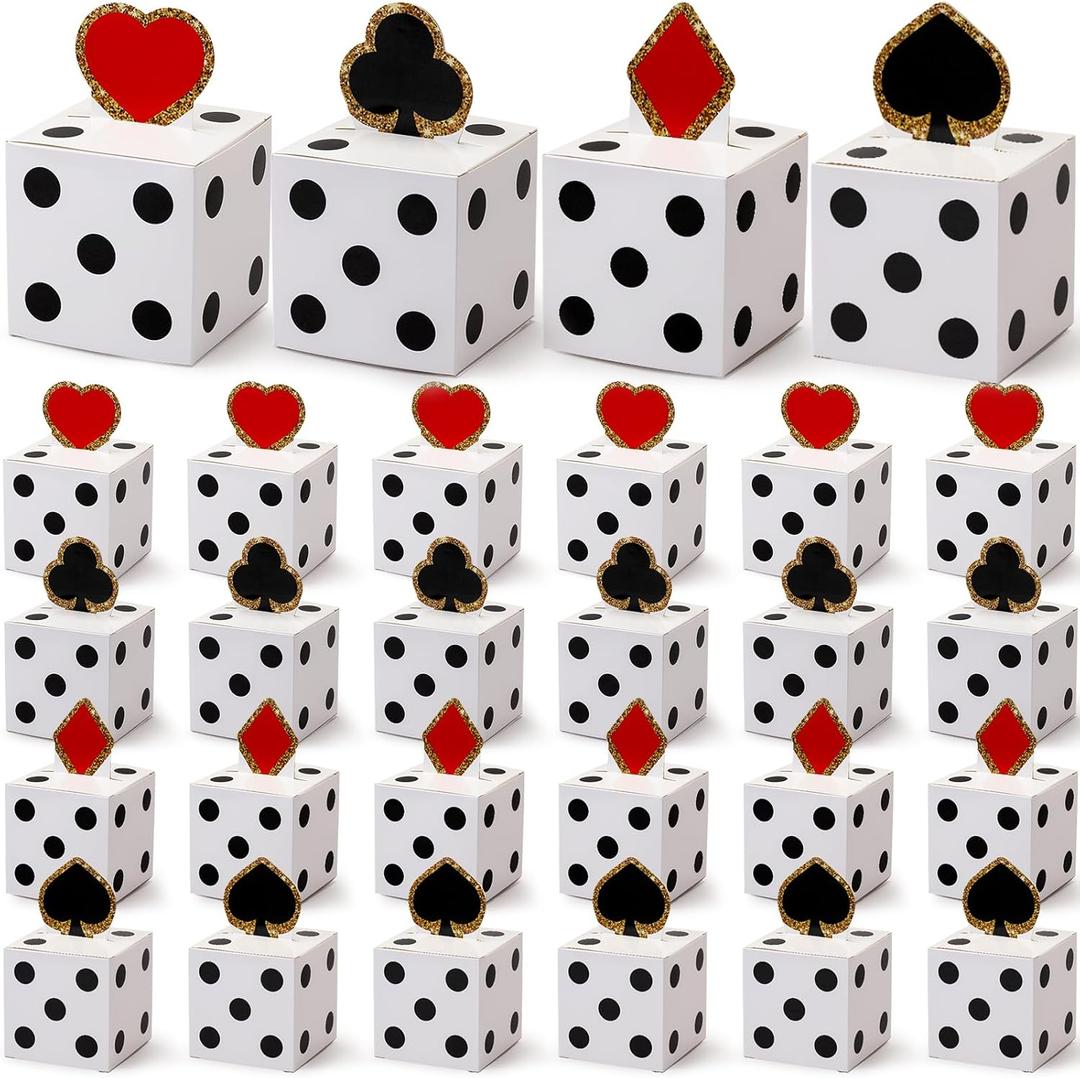 24 Pcs Casino Birthday Treat Boxes Casino Party Table Centerpieces Poke Theme Party Decorations Dice Candy Goodie Gift Containers for Las Vegas Night Birthday Gift, 4x4x4 Inch