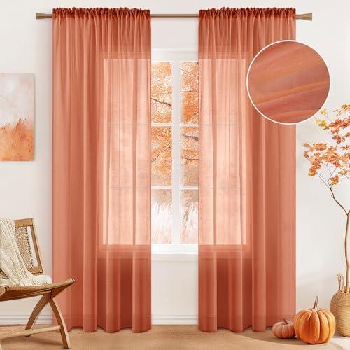 MIULEE Burnt Orange Linen Textured Sheer Curtains 72 Inches Long for Bedroom/Living Room Semi Transparent Farmhouse Fall Decor Window Net Panels with Rod Pocket 2 Panels W 54 x L 72 Inches