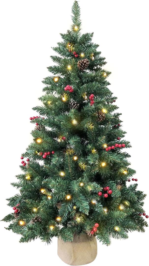 4ft Pre-lit Christmas Tree,Artificial Pine 300 PVC Branches Tips with 20 Red Berries & 20 Pinecone & 100 LED Lights & Burlap Wrapped Base Decor Xmas Tree (Green)