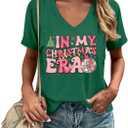 CQF Christmas Shirts for Women in My Christmas Era V Neck T-Shirts Funny Colorful Xmas Holiday Tee Tops (M, Green)