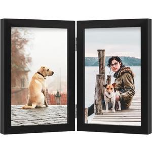 FOREV 4x6 Double Picture Frame Wooden Hinged Photo Frame Definition Glass Stand Vertically on Desktop or Tabletop Black