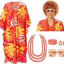 6pcs Halloween Landlady Women Costume Curly Wig Print Caftan Dresses Jewelry Set and Sunglass for Cosplay Party