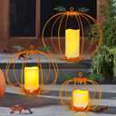 Halloween Light Up Pumpkin Lantern, 3 Pcs Metal Orange Pumpkin Candle Holders with Timer Flickering Yellow LED Candle Lights for Thanksgiving Halloween Harvest Fall Home Decor