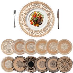 12 Pcs Round Braided Placemats, 15 Inch Boho Rounds Table Mats, Jute Table Mats Heat Proof Washable Round Woven Placemats for Dining Wedding Family Party Dinner Decor