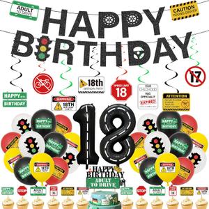 18th Birthday Decorations Boys Kit - 49 Pcs New Driver Banner Balloons Swirls Drivers License Caution Traffic Signs Cake Cupcake Decor For Boys Girls 18 Year Old Party Supplies