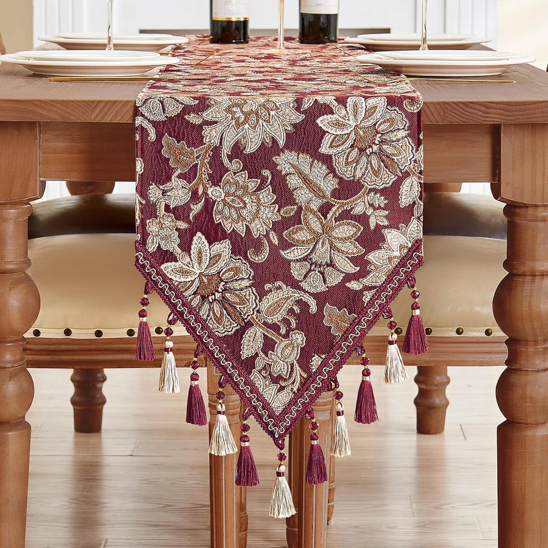 Loom and Mill Vintage Jacquard Table Runner 90 inches Long, Elegant Floral Pattern Dining Table Runners with Tassels, Great for Table Setting Kitchen Dresser Party Holiday Decor(Burgundy, 13x90in) (13 x 90 inch)