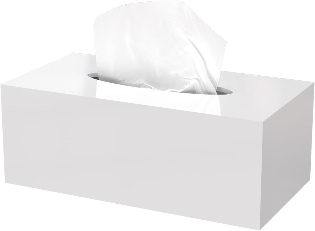 Acrylic Tissue Box Cover Rectangle, PITBVO White Tissue Box Holder, Facial Napkin Dispenser for Bathroom Kitchen Bedroom Office Hotel Use Shiny White (9.85"L x 5.1"W x 4.5"H)