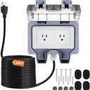 Kanayu Outdoor Outlet Box with 50ft Extension Cord, Dual 15 Amp 5-15 Receptacles Weatherproof Waterproof Ip66 Outdoor Exterior Socket with Cover, 14 Awg/3c Sjtw Cord