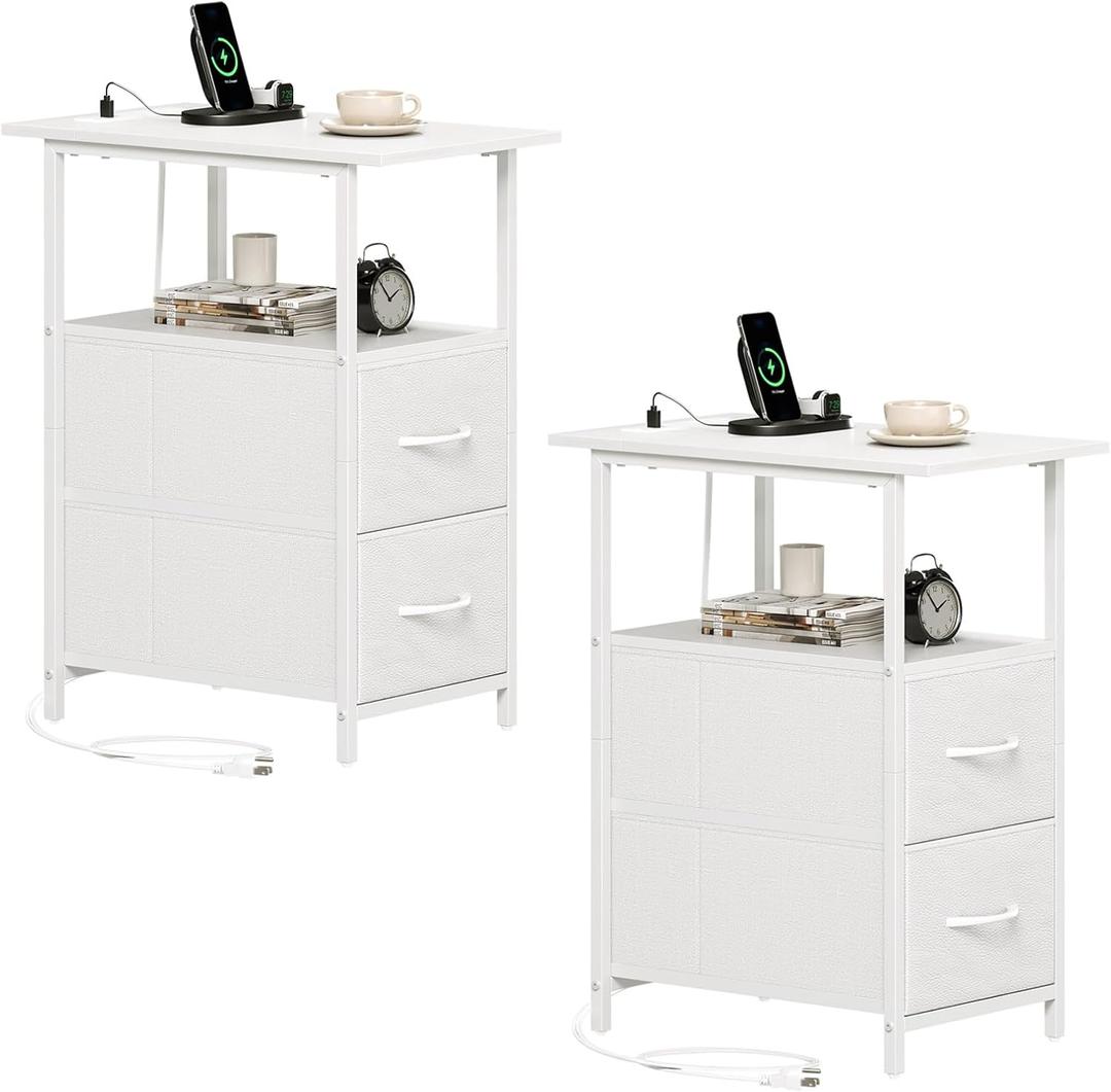 Somdot End Table Set of 2 with Charging Station, 2 Drawers, Slim Side Table, 19.7"D x 11.8"W x 24.4"H
