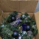 LinTimes Christmas Wreaths, 18 Inch Christmas Wreath for Front Door with 15 LED Lights, Pre-lit Christmas Decoration with Blue Bows Silver Leaves Ball Ornaments for Christmas Wall Window Decor