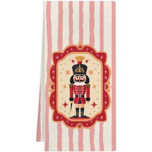 KEUSPI Christmas Nutcracker Kitchen Towels, Nutcracker Christmas Decor, Pink Striped Xmas Soldier Decorative Hand Dish Tea Towels for Bathroom Kitchen, 16x24 Inches (Red Striped Christmas Walnut Candies)