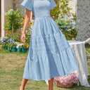 MEROKEETY Women's 2026 Summer Flowy Midi Maxi Dress Short Sleeve Square Neck Smocked Tiered Ruffle Boho Dresses with Pockets (Blue, L)