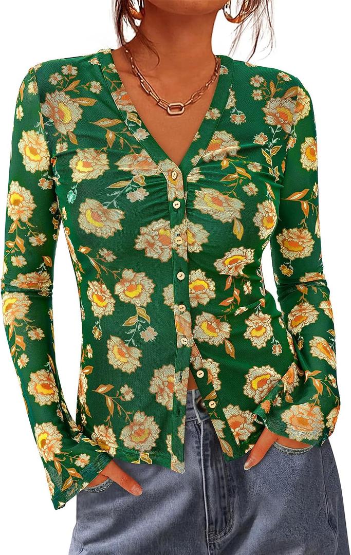BTFBM Button Down Shirts for Women 2026 Spring Boho Tops V Neck Long Sleeve Blouses Ruched Mesh Fitted Fashion Clothing (Green, XXL)