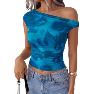 PRETTYGARDEN Women's Off Shoulder Tops 2026 Summer Going Out Crop Tank Tops Spring Fashion Ruched Asymmetrical Floral Mesh Tight Sexy Y2K Shirts Clothes (Blue Green,XL) (Blue, XL)