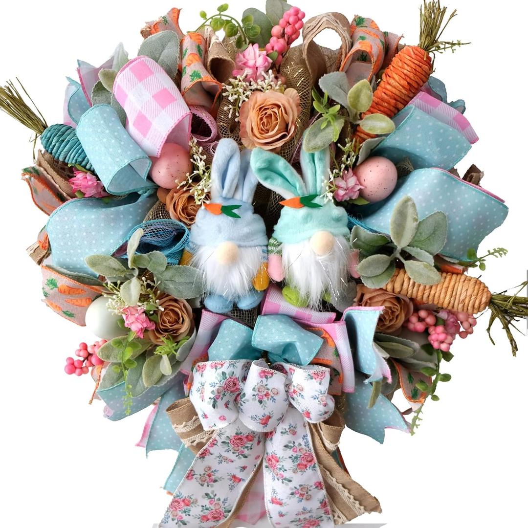 16 Inch Egolot Easter Mesh Deco Bunny Wreath with Eggs and Carrots for Front Door, Spring Pink and Blue Ribbon Easter Wreath for Spring, Rustic and Farmhouse Ribbon for Home Decor
