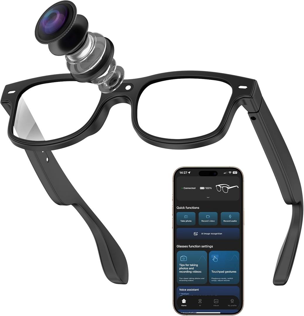 CJkao Smart AI Glasses With Camera for Men, HD Camera Video Recording, Voice Assistant Control, bluetooth music Glasses for Teenager(G3-White)