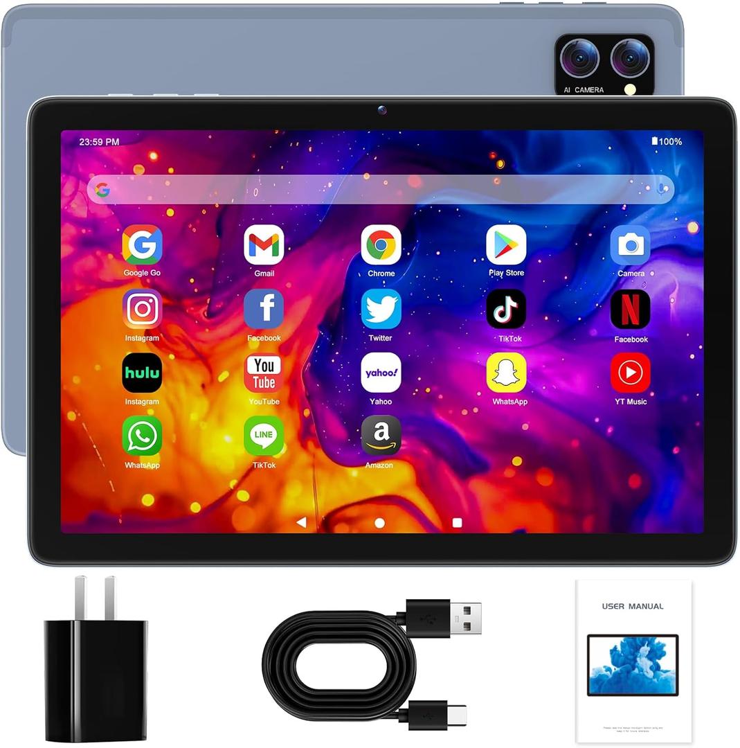 Android Tablet 10 Inch, Android 15 Tablets 2026 for Adults, Octa-Core, 12GB RAM,128GB Storage(2TB Expandable), Large Touch Screen Tablet with 10H Battery Life,WiFi & Bluetooth 5.0,Grey Blue