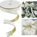 HUIHUANG White Velvet Wired Ribbon 1 inch x Continuous 20 Yards Velvet Ribbon with Gold Glitter Backing, for Christmas Tree Decorations, Gift Wrapping, Wreaths, Garlands, Bows Crafts- (Ivory)