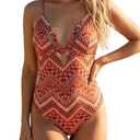 LIZENS Women's Halter Neck Swimsuit One Piece V-Neck Swimwear Ethnic XL Red1