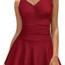 SHEKINI Women's V Neck One Piece Skirt Swimsuit Ruched Retro Swimdress Bathing Suit (Medium, Wine Red)