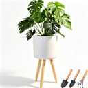 Plant Stand for Indoor Plants, Metal Planter Stand with Wooden Legs, White Flower Plant Pot Holder for Living Room, Office, Bedroom, Modern Home Decor